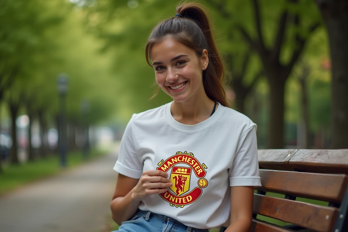 Jeune femme souriante examinant un t-shirt de football en plein air