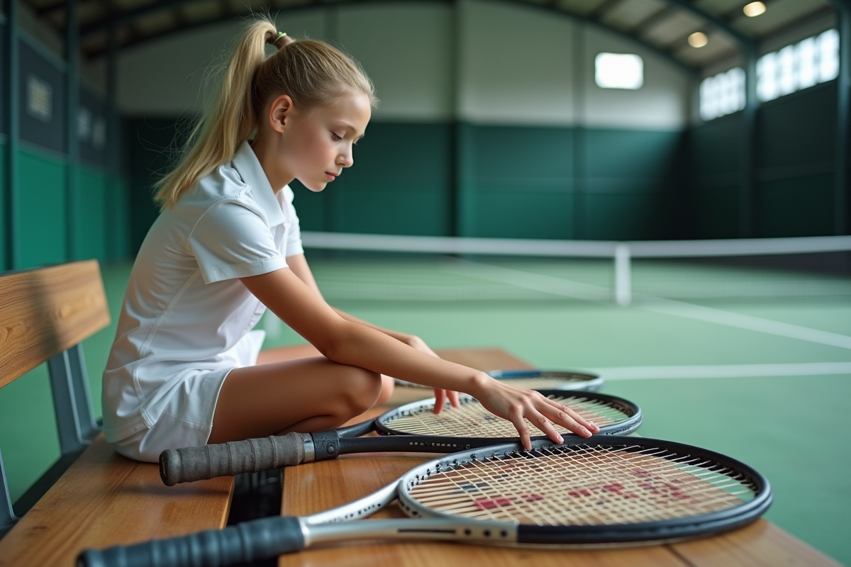 Jeune fille examinant des raquettes dans un centre intérieur de tennis