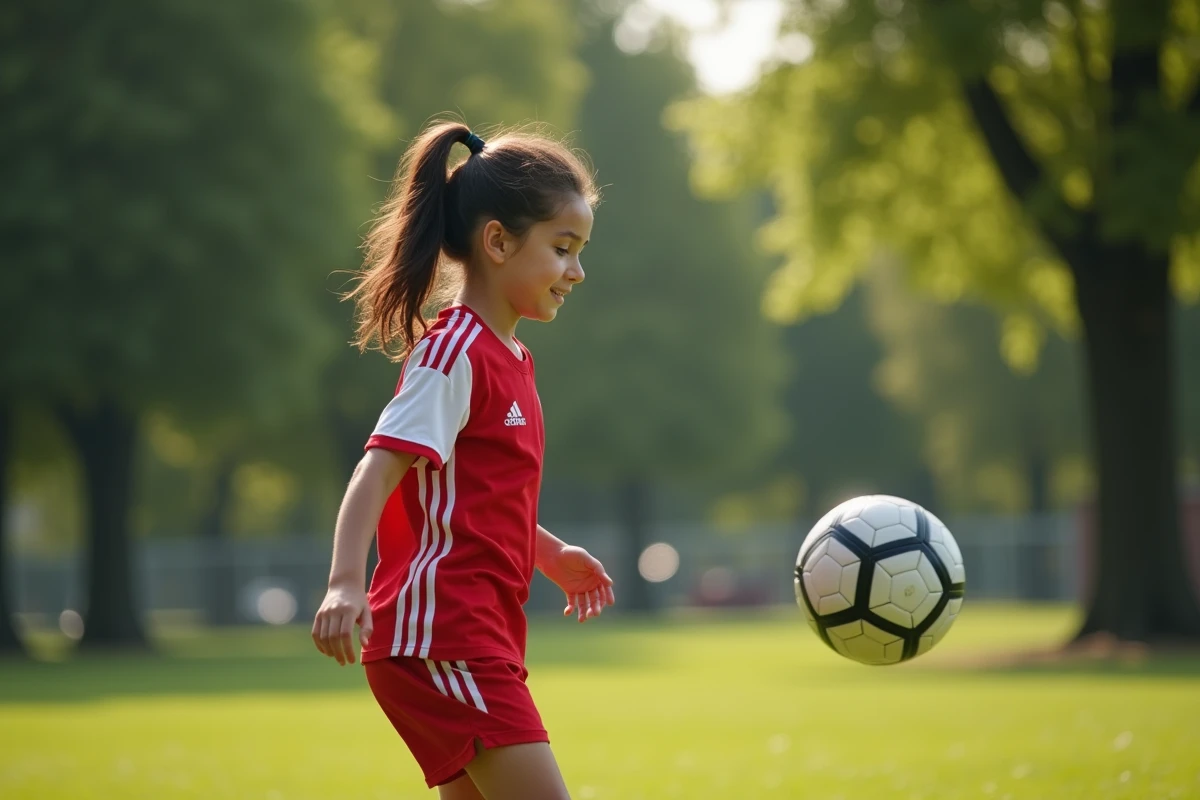 Jeune fille jouant au soccer dans un parc ensoleille