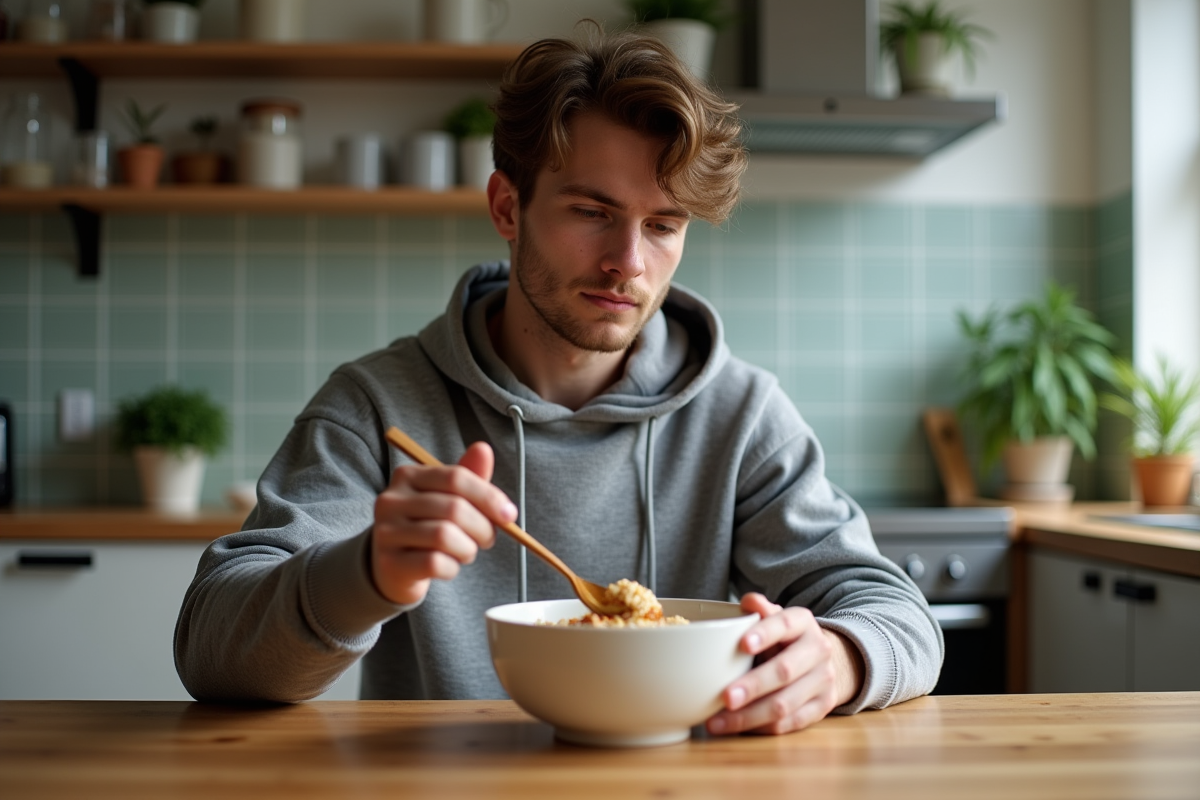 Jeune homme mangeant un bol de flocons épicés à la maison