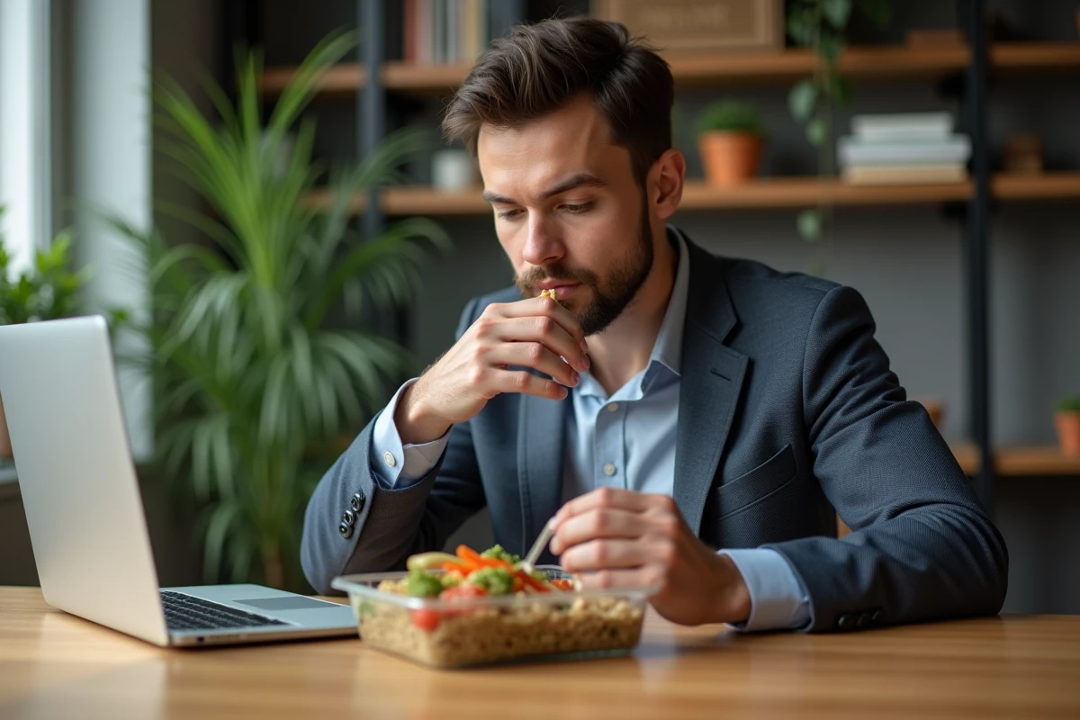Jeune homme mangeant un repas sain au bureau lors de la pause