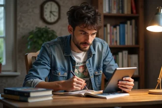 Jeune homme compare manga papier et numérique chez lui