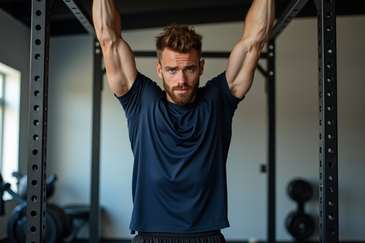 Jeune homme en salle effectuant un pull-up dynamique