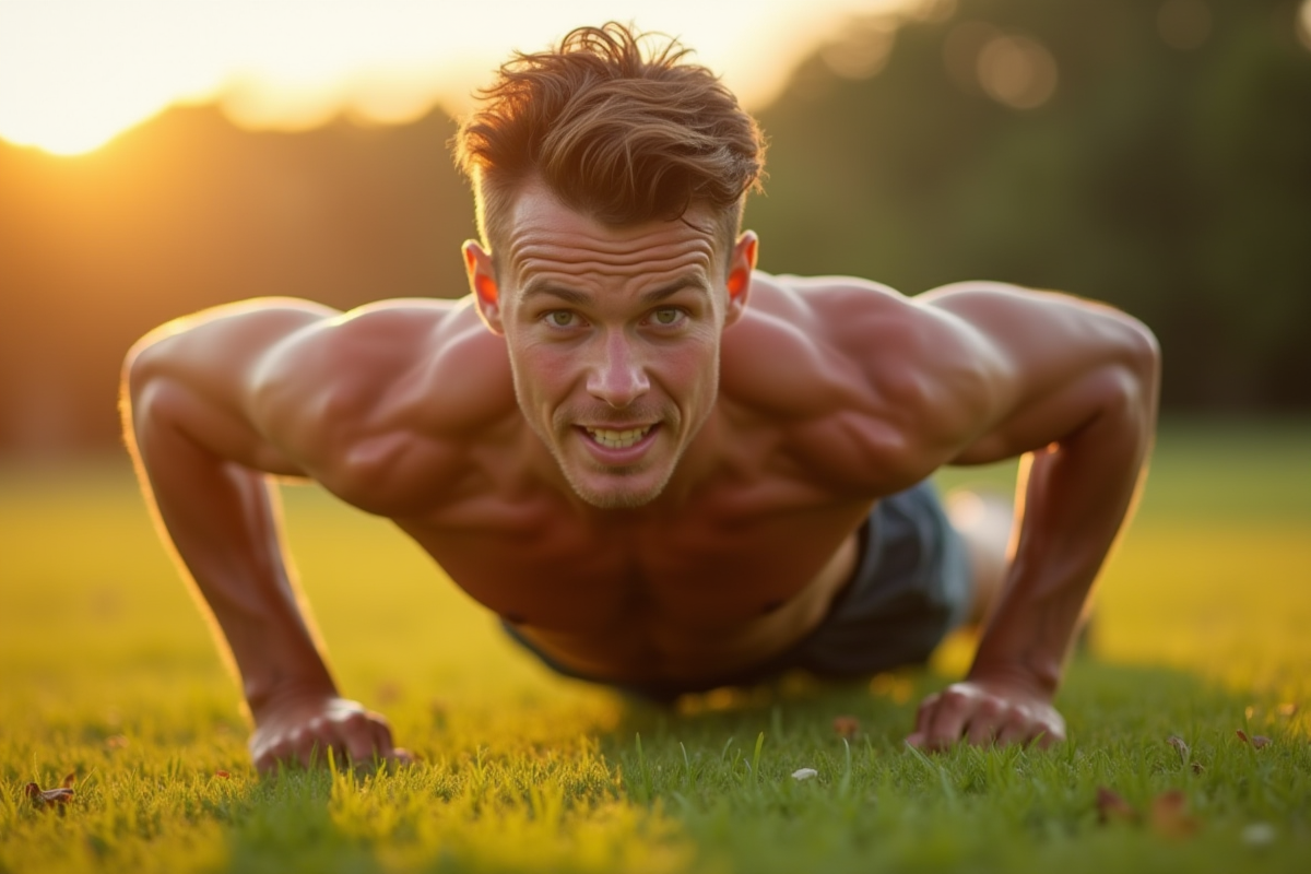 Jeune homme en pleine action push-up au lever du soleil