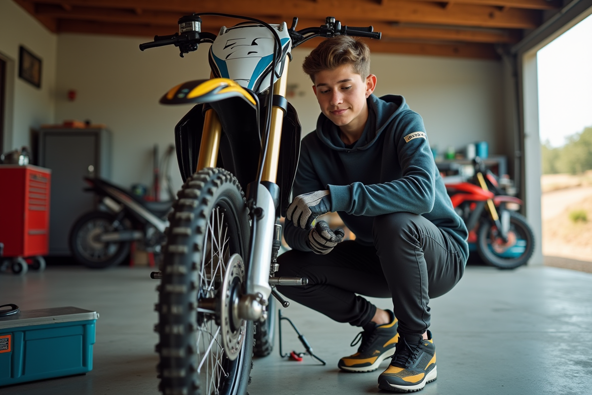 Jeune homme en motocross ajuste un boulon sur sa moto