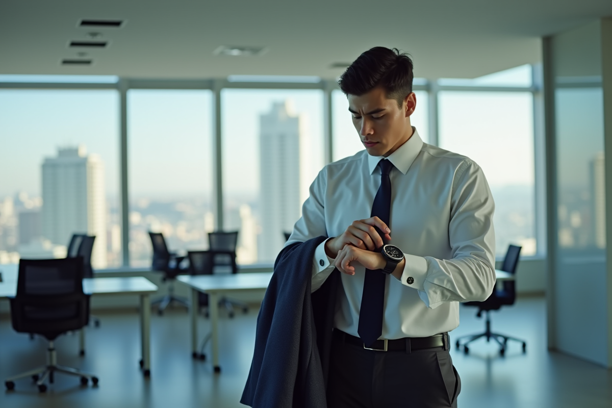 Jeune professionnel stressé dans un bureau moderne avec vêtements de sport