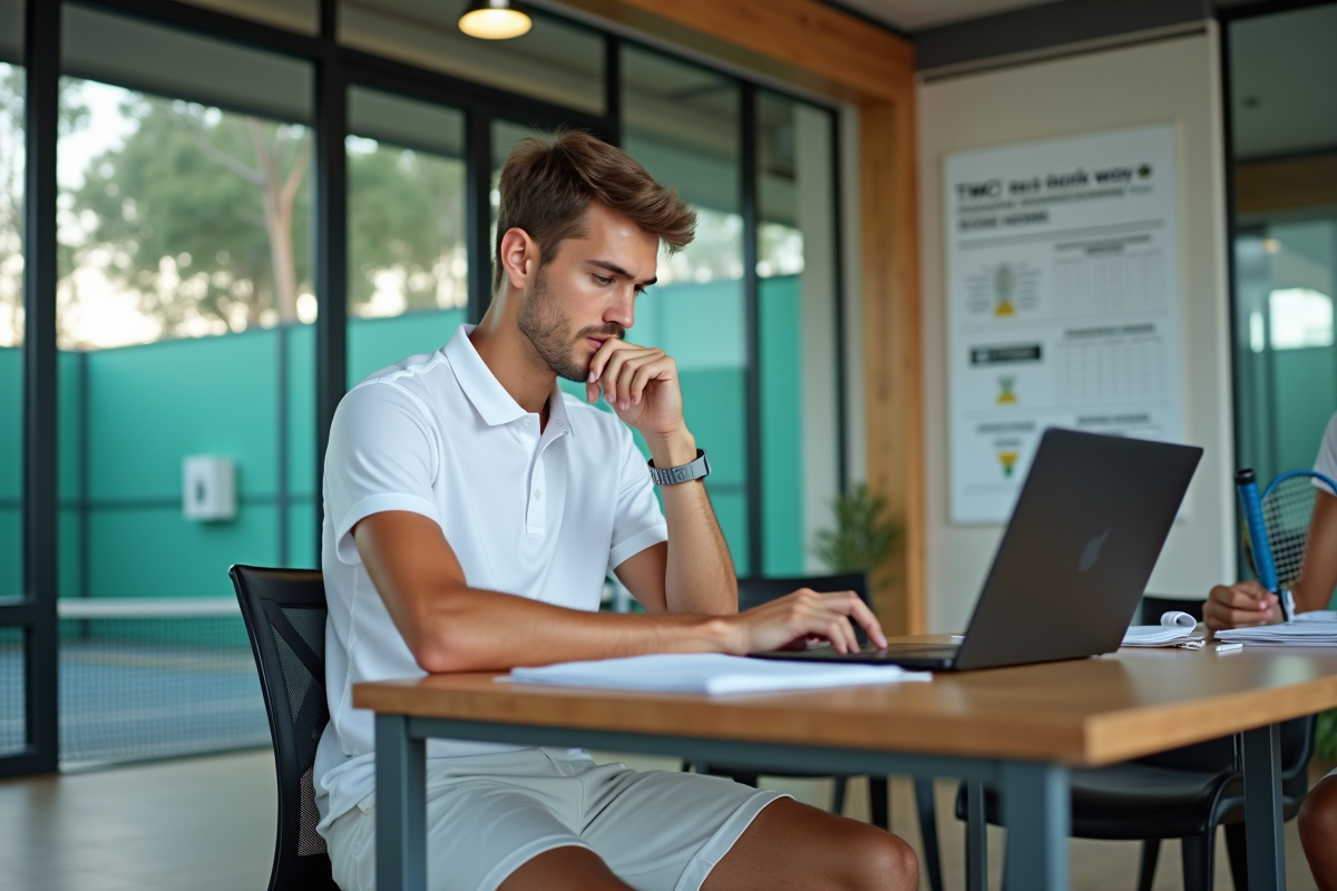 Jeune joueur de tennis saisissant des scores en intérieur