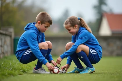 Adolescents en tenue de football pr&eacute;parant leurs chaussures sur le terrain