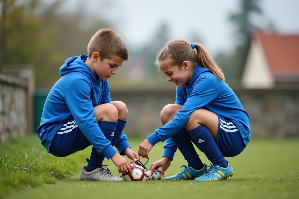 Adolescents en tenue de football préparant leurs chaussures sur le terrain