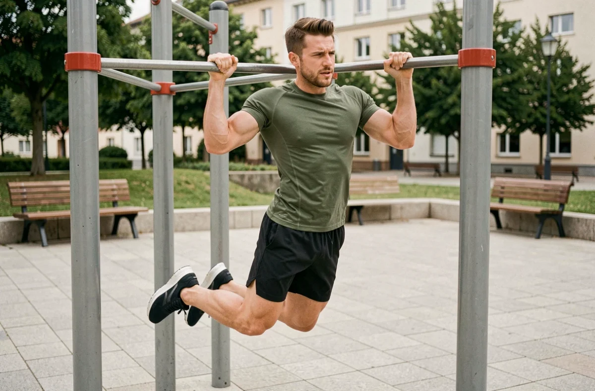 Coach Joris réalisant une démonstration de tractions sur des barres de street workout à Nancy