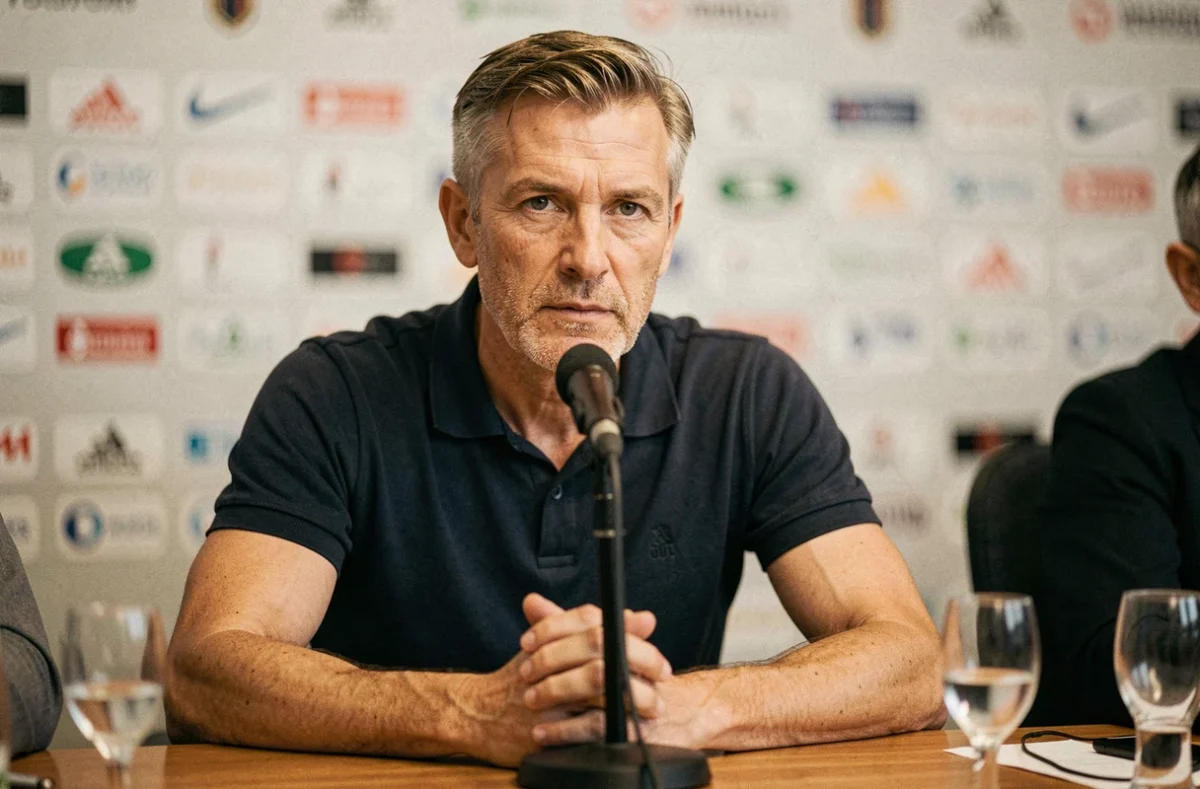 Footballeur professionnel en conférence de presse, expression réfléchie illustrant sa transition de carrière depuis le Real Madrid