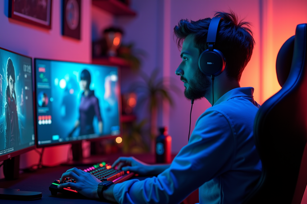 Gamer concentré dans son setup gaming à la maison