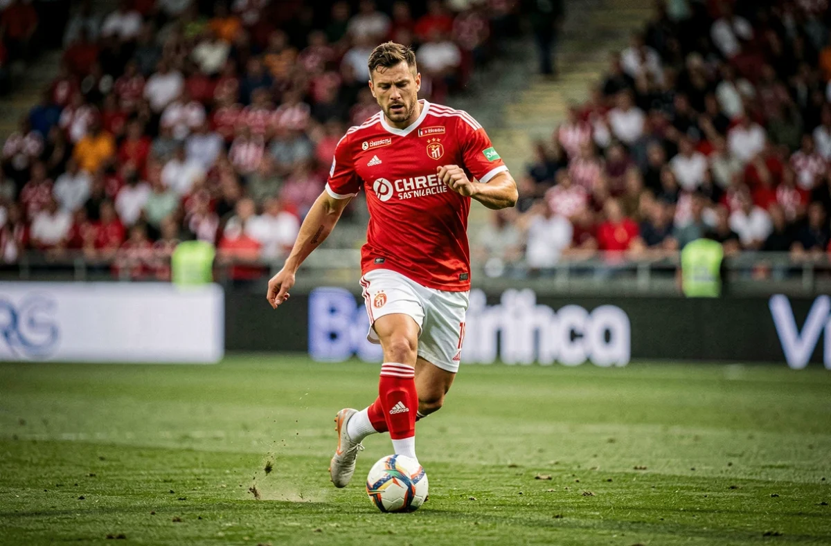 Joueur de football en action lors d'un match dans un nouveau club européen, illustrant l'évolution de son image après le Real Madrid