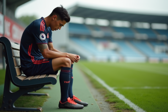 Jeune footballeur assis sur le banc en train de lacer ses chaussures