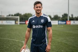Joueur de football professionnel en tenue d'entraînement sur un terrain de football naturel, reflétant l'évolution de carrière post-Real Madrid