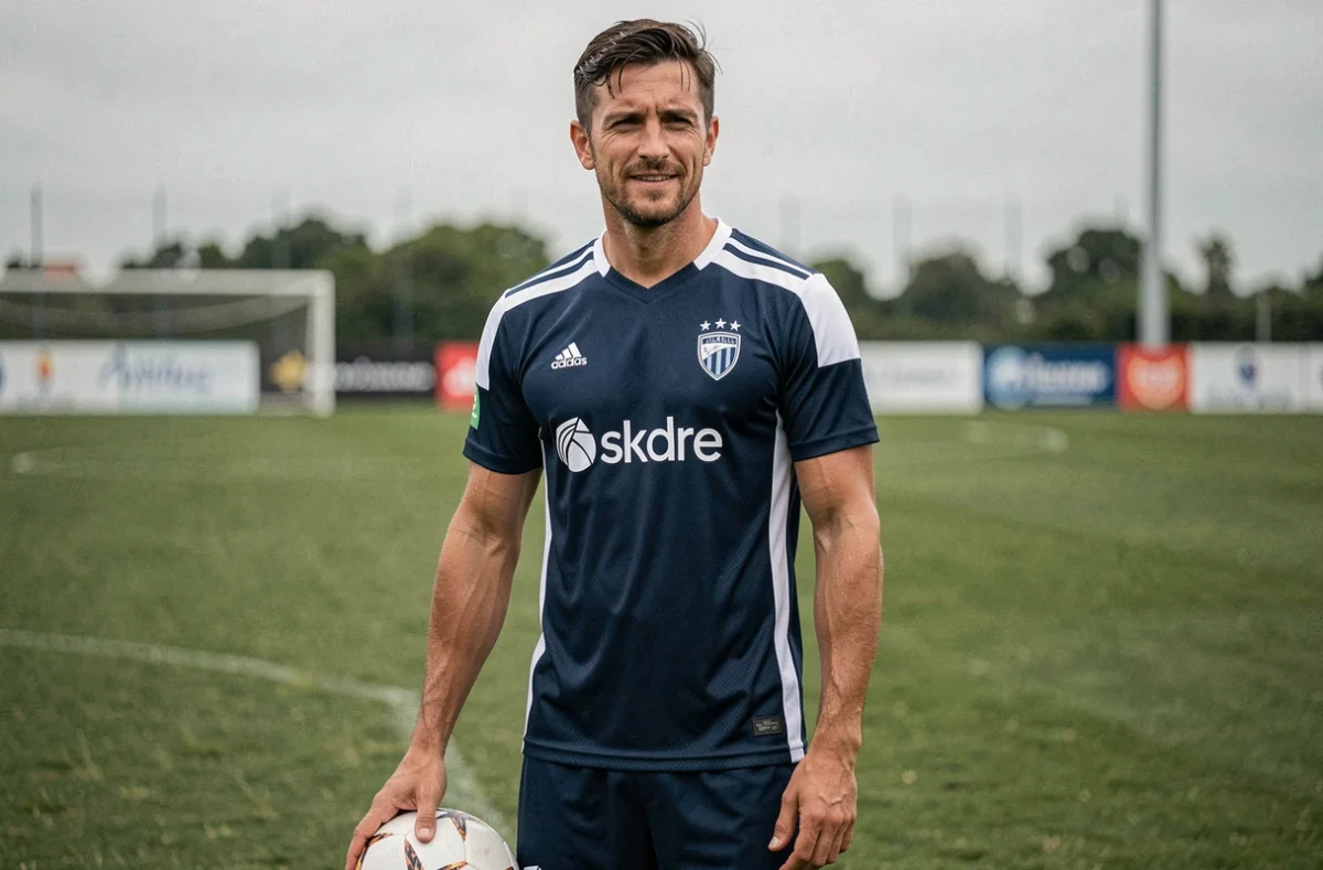 Joueur de football professionnel en tenue d'entraînement sur un terrain de football naturel, reflétant l'évolution de carrière post-Real Madrid