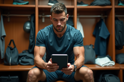 Joueur de football masculin en réflexion dans le vestiaire