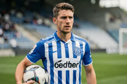Joueur du Racing Club de Strasbourg en maillot rayé bleu et blanc sur la pelouse du stade, portrait réaliste illustrant le classement Ligue 1 2026
