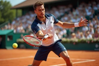 Joueur de tennis français en plein élan sur un court en terre battue lors d'un tournoi 2026