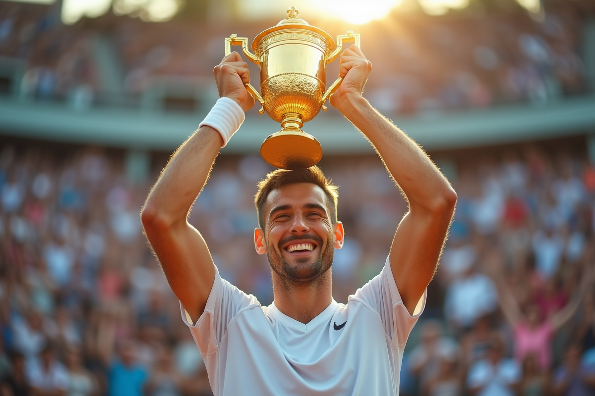Joueur de tennis victorieux tenant un trophée en or sur un court en plein air