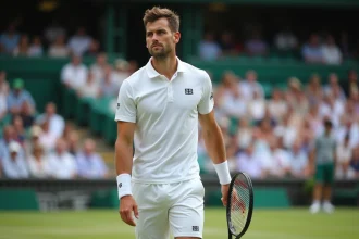 Joueur de tennis professionnel en tenue blanche sur le court de Wimbledon après un match du premier tour