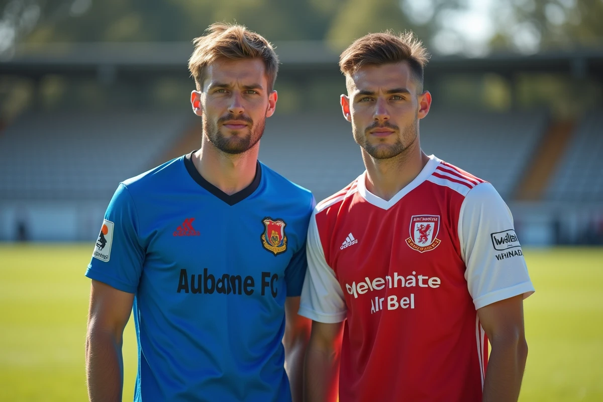Deux joueurs de football amateur portant les maillots d'Aubagne FC et du Sporting Club Aubagne Air Bel côte à côte sur un terrain