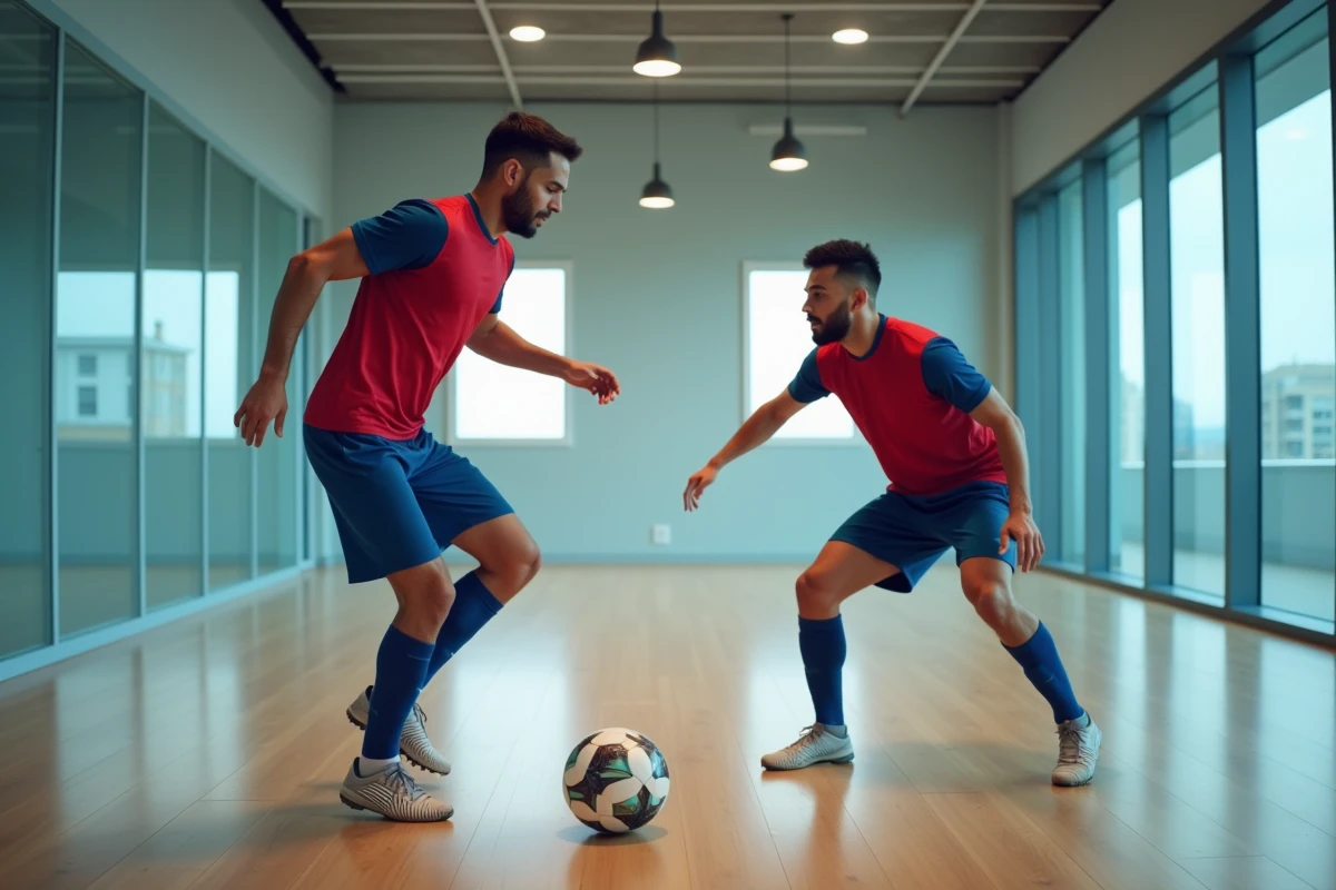 Deux joueurs du FC Barcelone s'entraînant intensément en salle avant une grande rencontre
