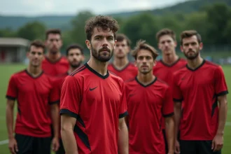 Joueurs du FC Bergerac en cercle avant un match de championnat régional, maillots rouge et noir, stade de la Dordogne en arrière-plan