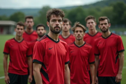 Joueurs du FC Bergerac en cercle avant un match de championnat régional, maillots rouge et noir, stade de la Dordogne en arrière-plan