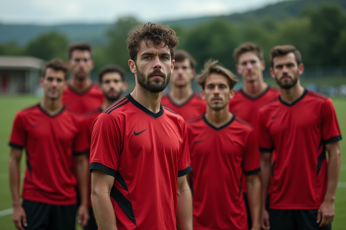 Joueurs du FC Bergerac en cercle avant un match de championnat régional, maillots rouge et noir, stade de la Dordogne en arrière-plan