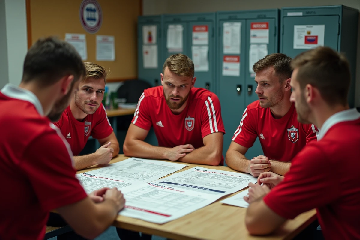 Joueurs de football amateur consultant le calendrier de la saison dans un vestiaire de club de district en Drôme Ardèche