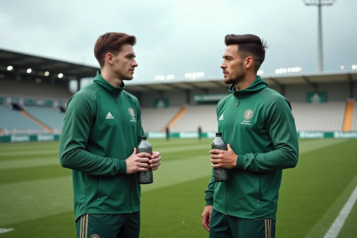Deux joueurs de football discutant sur le terrain d'un stade de National 3 lors d'un entraînement dans un club régional français