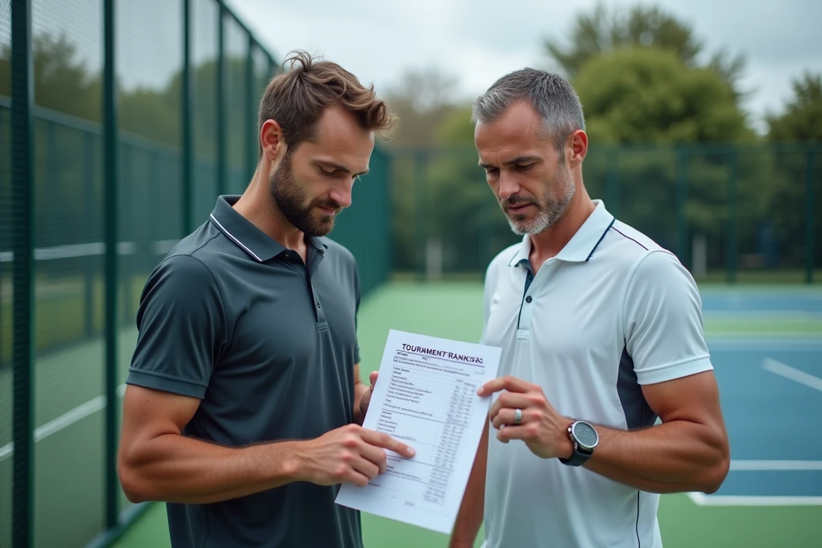 Deux joueurs de padel adultes analysant un tableau de classement et de répartition des points P100 près d'un court en plein air