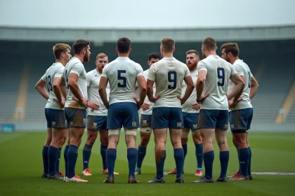 Groupe de joueurs de rugby en cercle tactique sur un terrain de Fédérale 2 lors d'un match de poule
