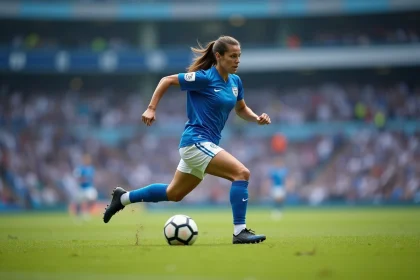 Femme sportive en action dribblant au football sur le terrain