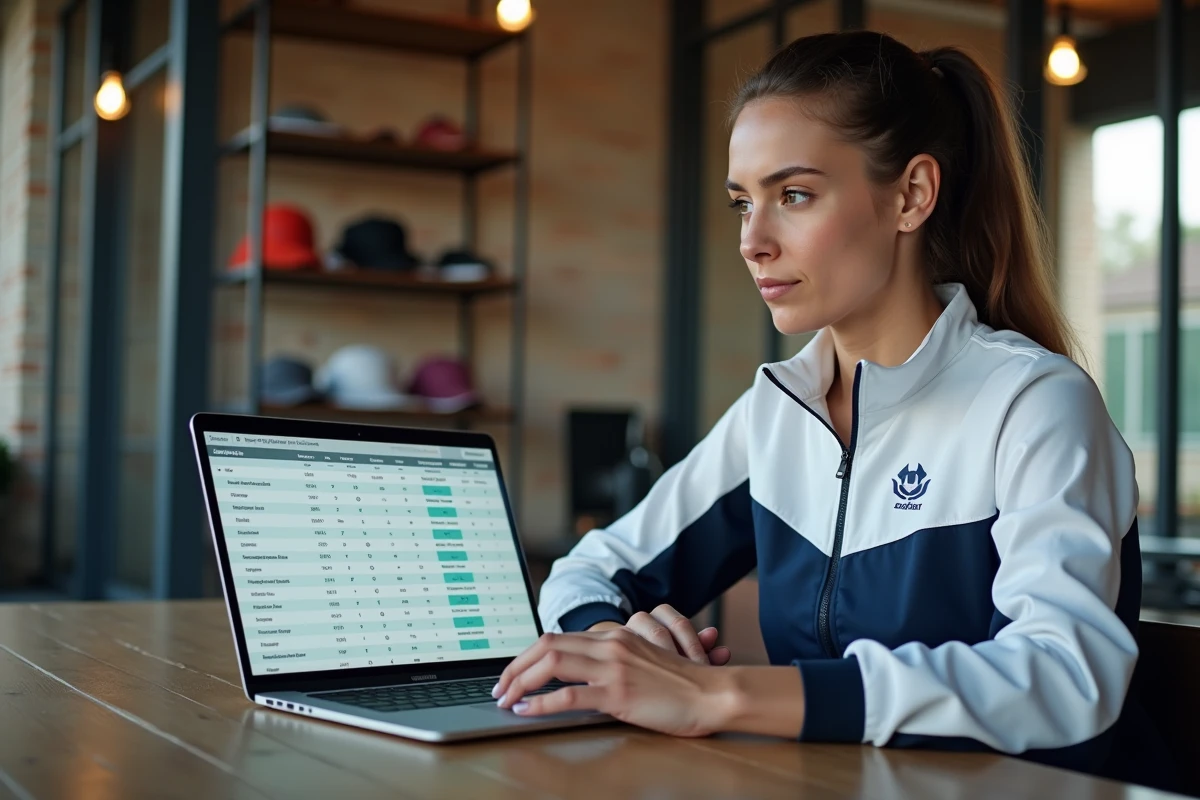 Joueuse de padel consultant un tableau de classement et de points sur un ordinateur portable dans le salon d'un club de padel