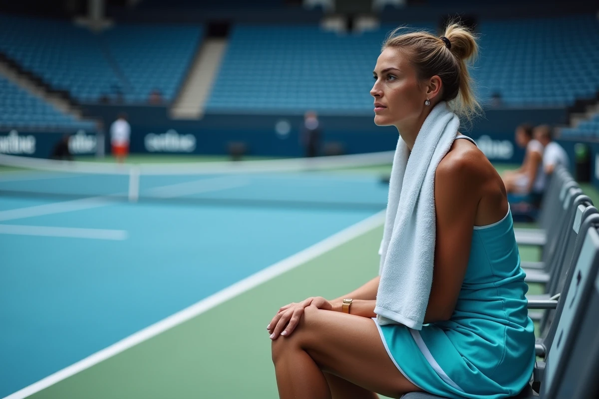 Joueuse de tennis française concentrée lors d'une pause en match dans une salle couverte