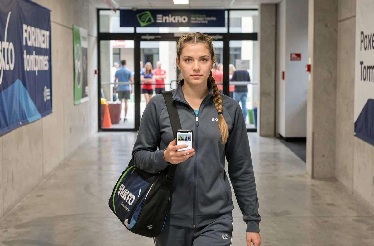 Joueuse de tennis en coulisses d'un tournoi consultant son profil sur les réseaux sociaux via smartphone dans un couloir de complexe sportif