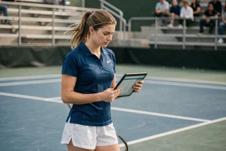 Joueuse de tennis professionnelle consultant ses statistiques de match sur une tablette lors d'une session d'entraînement sur court dur