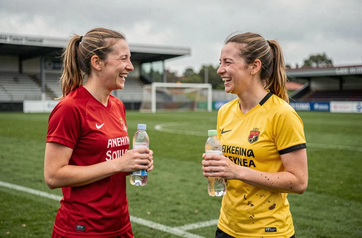 Deux joueuses de football féminin international échangeant lors d'une session d'entraînement dans un centre d'entraînement professionnel