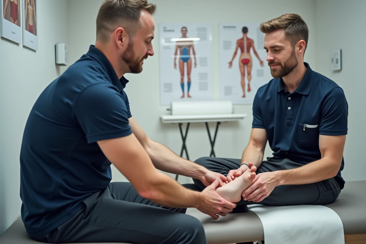 Kinésithérapeute du sport évaluant la pronation du pied d'une coureuse en cabinet médical