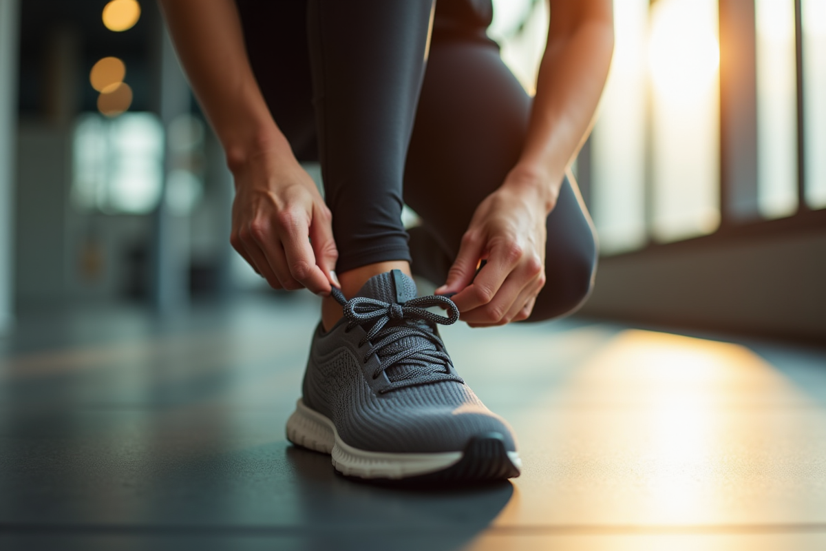 Personne nouant ses chaussures de course dans une salle moderne