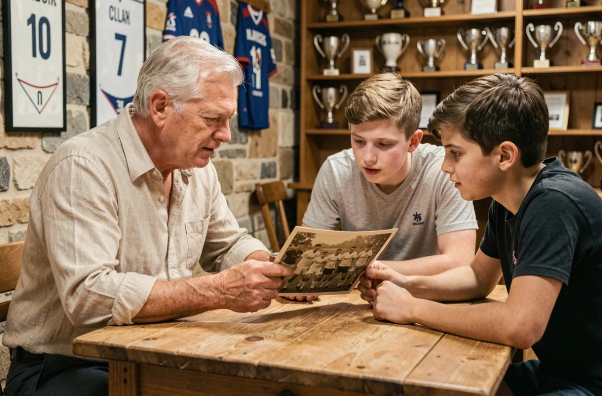 Légende du rugby français partage son histoire et ses souvenirs avec de jeunes joueurs dans une salle de club
