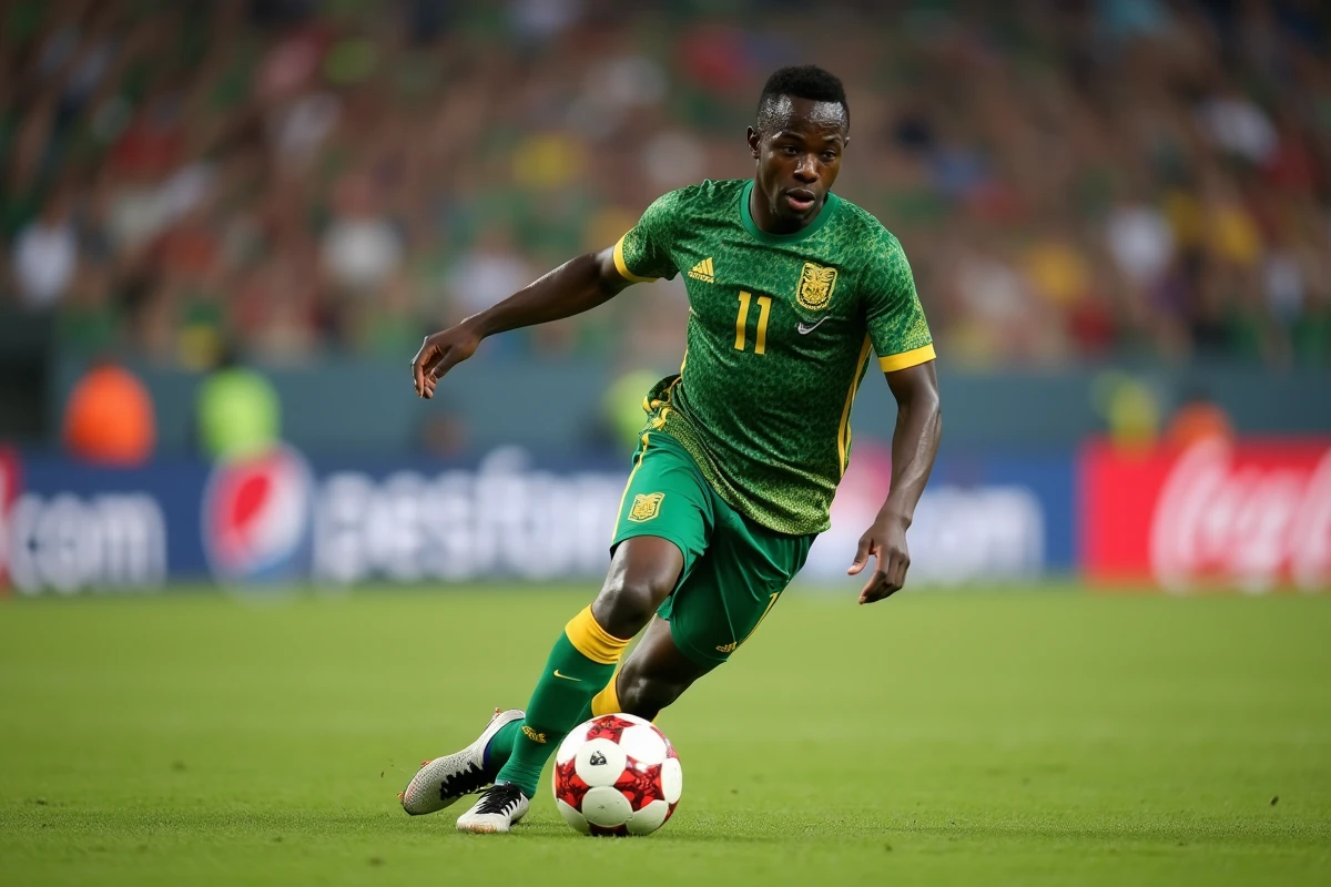Footballeur congolais contr&ocirc;lant le ballon lors d'un match officiel des L&eacute;opards de la RD Congo dans un stade rempli de supporters