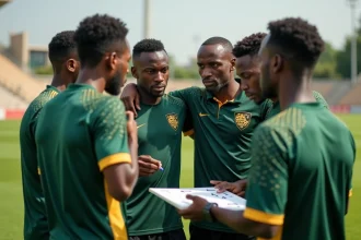 Joueurs de l'équipe nationale de football de la RD Congo en séance d'analyse tactique avec leur entraîneur sur le terrain d'entraînement