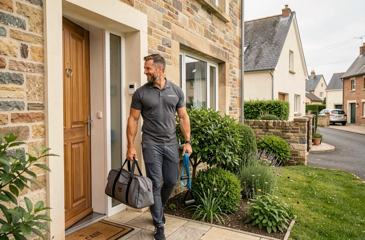 Coach sportif du réseau Lion Coach arrivant au domicile d'un client à Caen avec son équipement de fitness