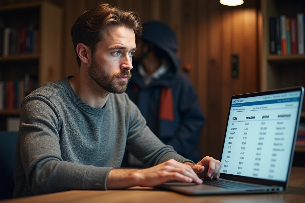 Homme comparant des tarifs de location de ski en ligne sur un ordinateur portable à son domicile, l'air perplexe face aux offres pas cher
