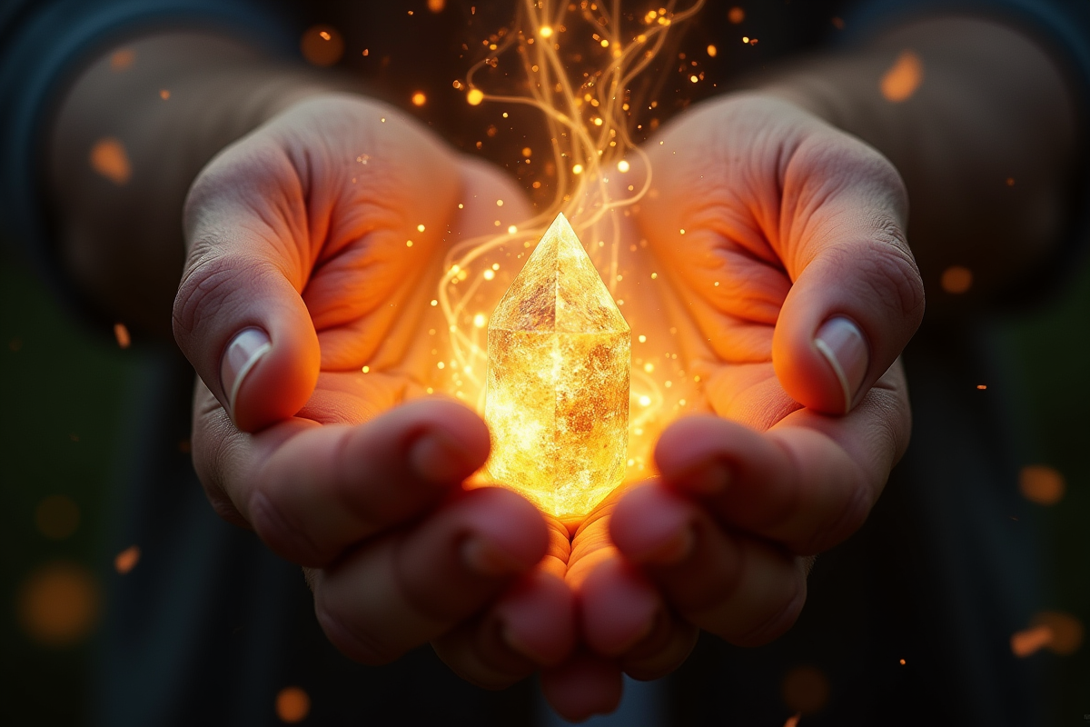 Main saisissant un cristal lumineux avec énergie rayonnante