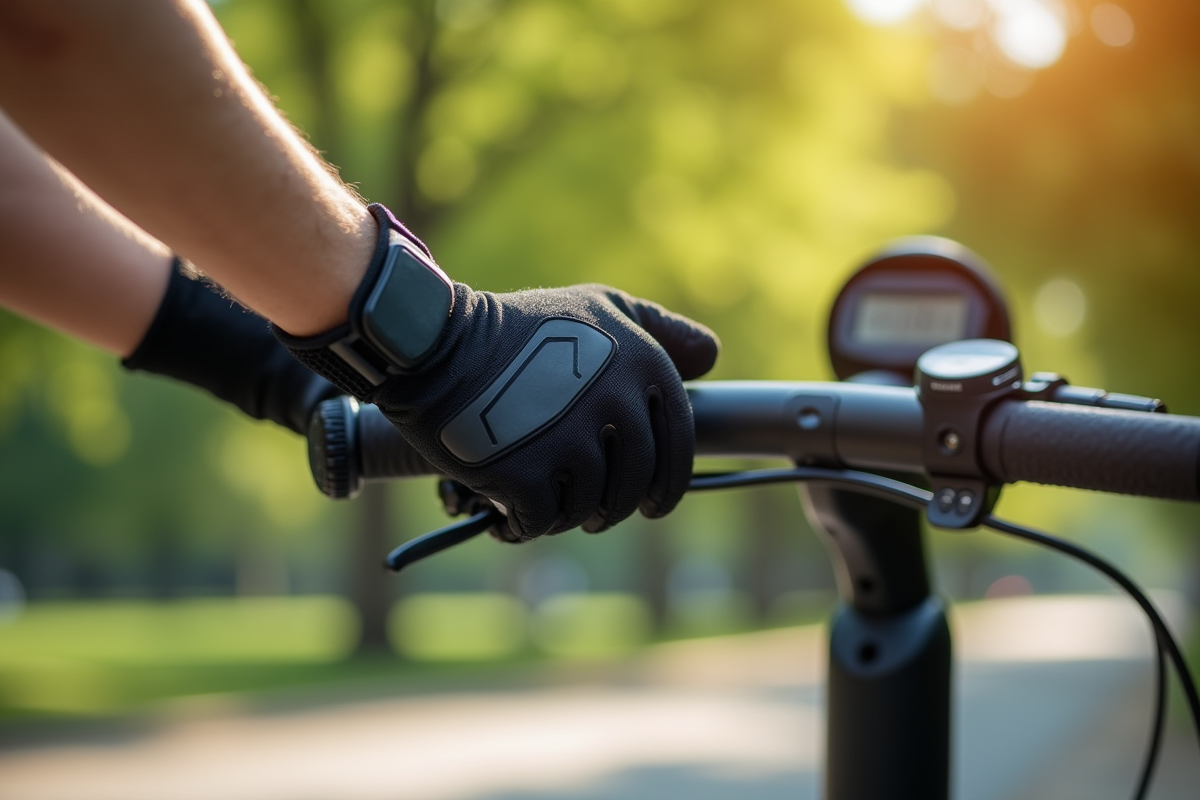 Mains en gants protecteurs tenant un scooter électrique au parc