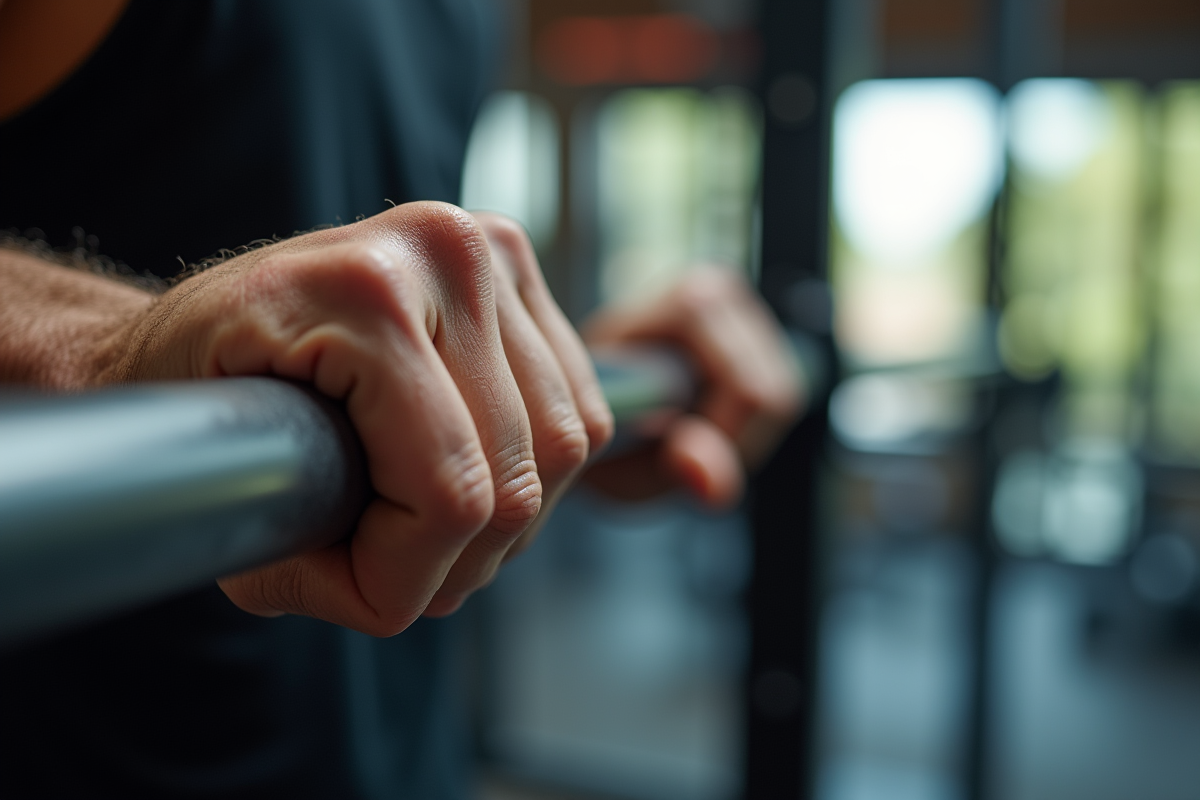 Mains en gros plan sur barre de traction muscles tendus